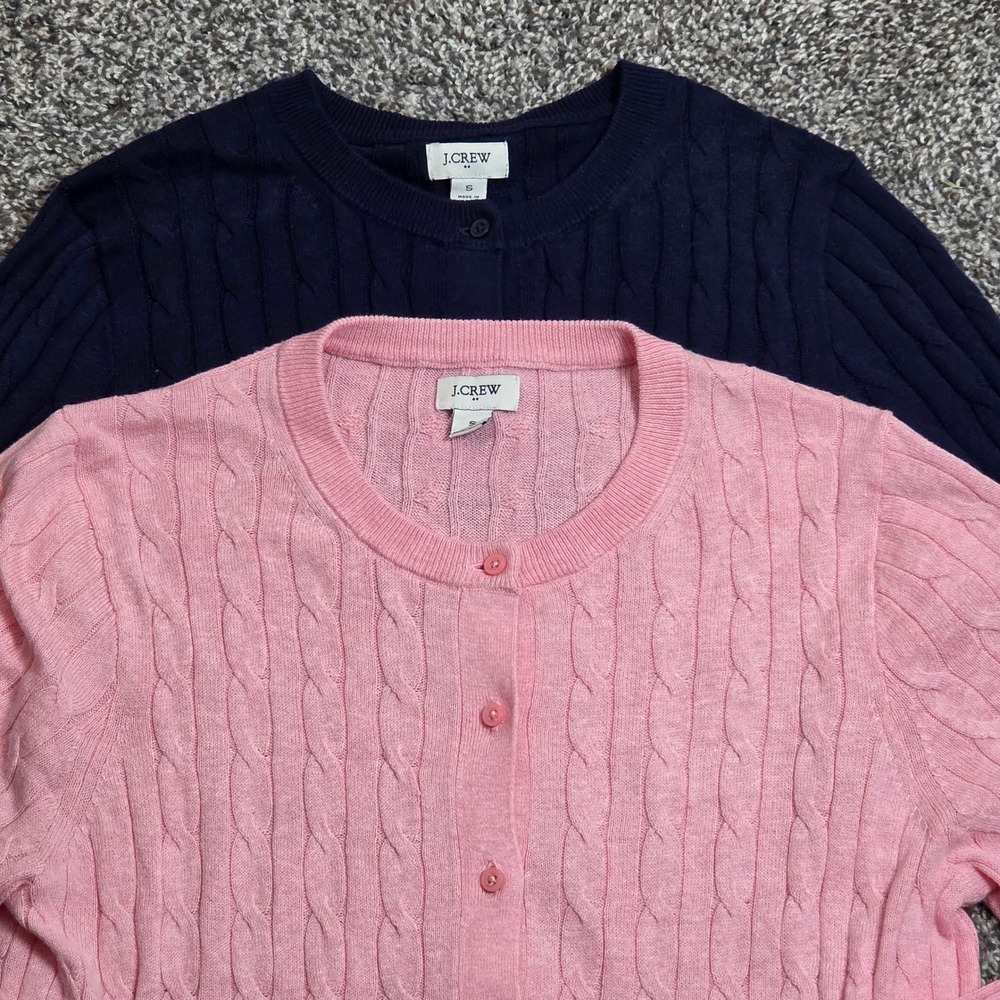 J.Crew Cardigan Sweater Women S Pink & Navy Blue Excellent Cable Knit Lot 2pc